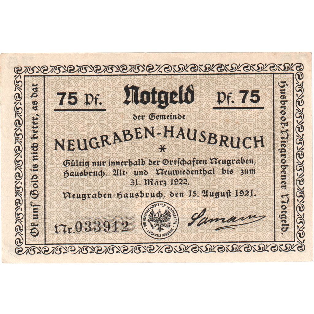Niemcy, Neugraben-Hausbruch Gemeinde, 75 Pfennig, 1922-03-31, AU(55-58)