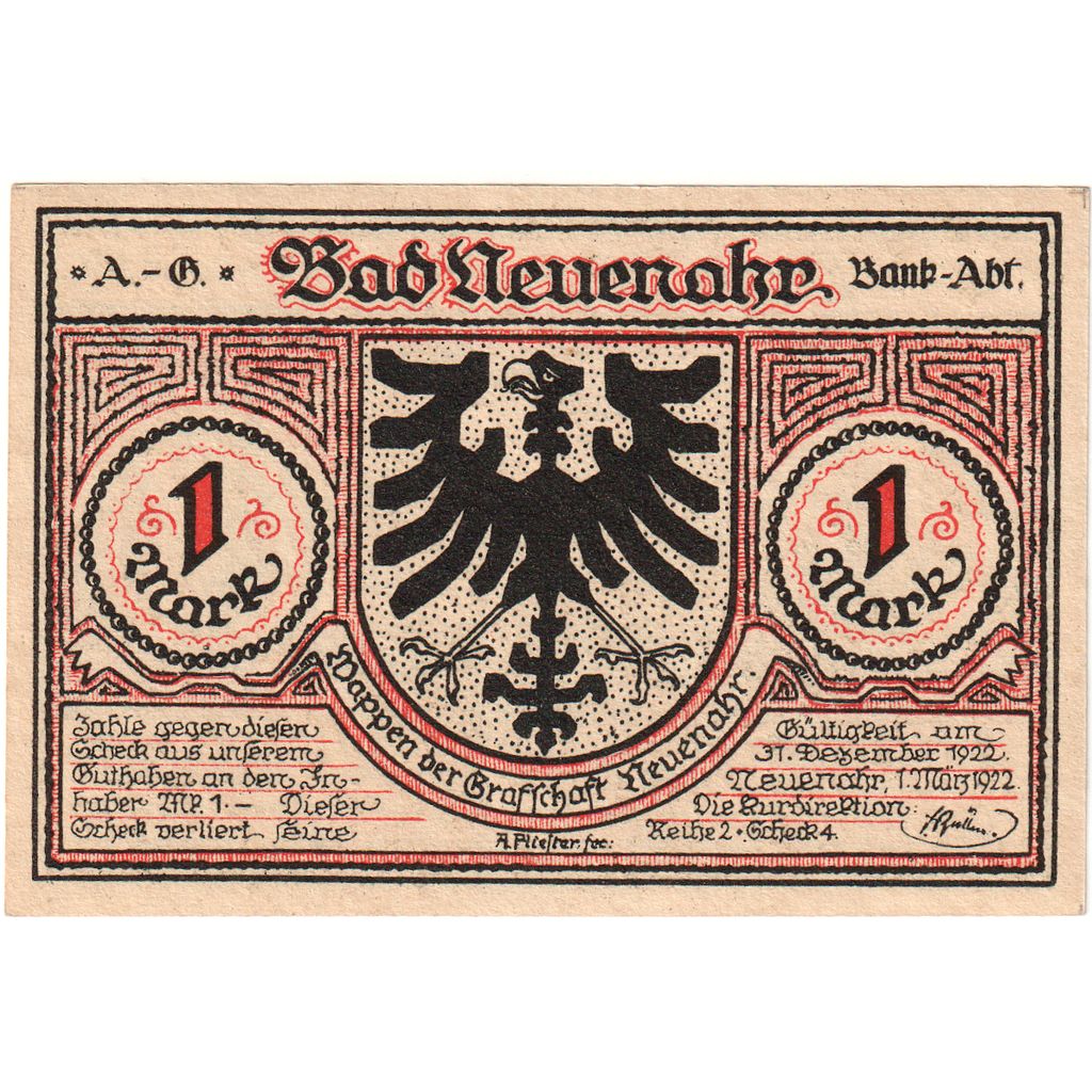 Deutschland, Neuenahr, Bad Kurdirektion, 1 Mark, 1922-12-31, VZ+
