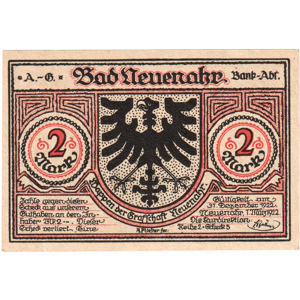 Niemcy, Neuenahr, Bad Kurdirektion, 2 Mark, 1922-12-31, UNC(60-62)
