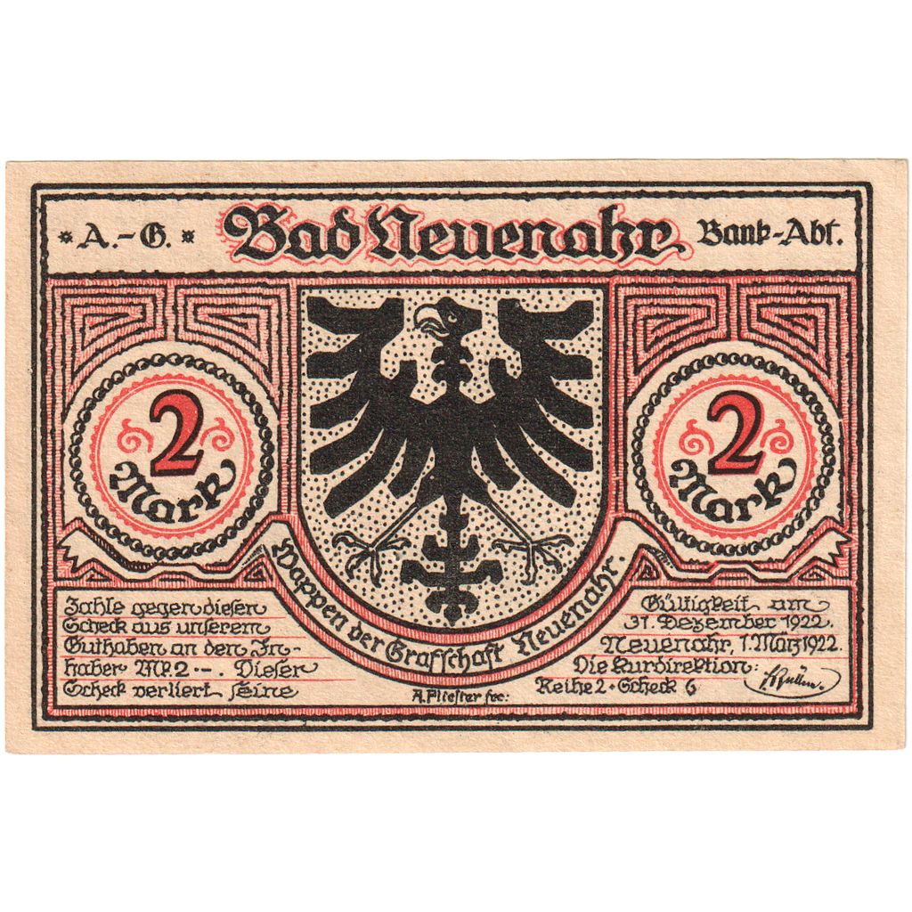 Deutschland, Neuenahr, Bad Kurdirektion, 2 Mark, 1922-12-31, VZ+