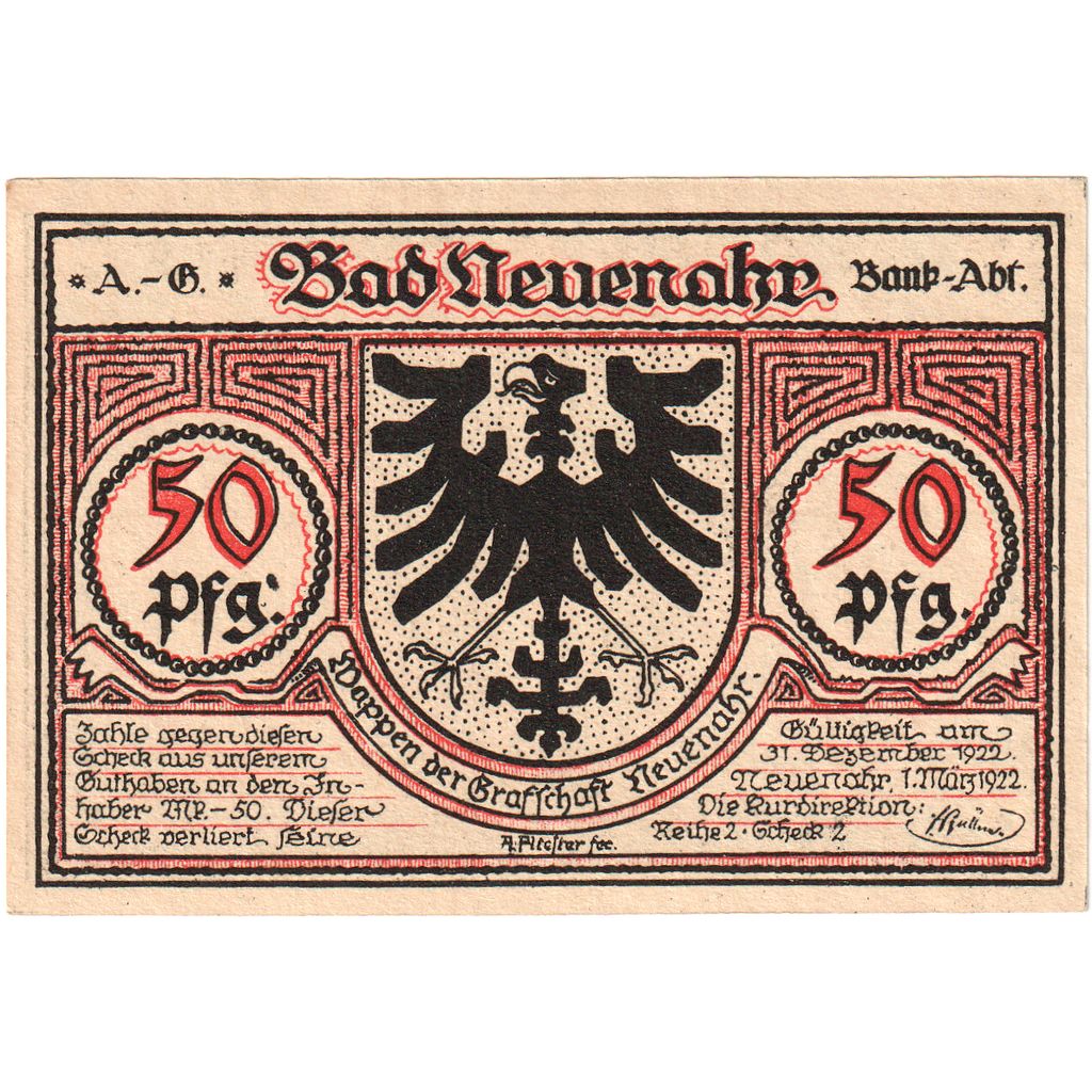 Germania, Neuenahr, Bad Kurdirektion, 50 Pfennig, 1922-12-31, SPL