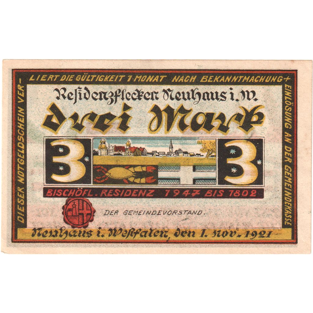 Niemcy, Neuhaus, 3 Mark, 1921-11-01, UNC(65-70)