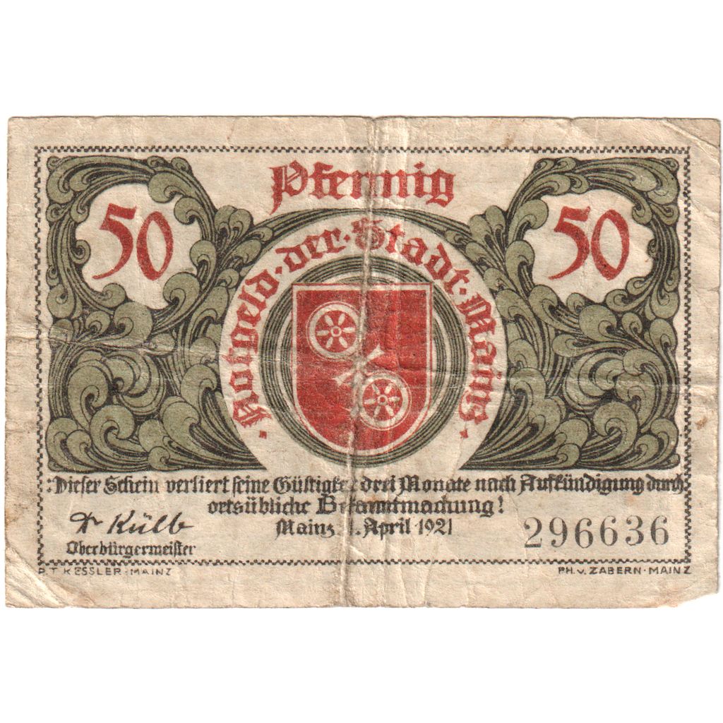 Germania, Mainz Stadt, 50 Pfennig, 1921-04-01, SPL-