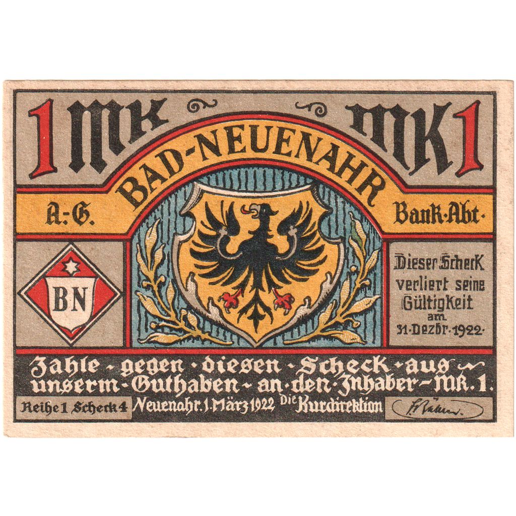 Germania, Neuenahr, Bad Kurdirektion, 1 Mark, 1922-12-31, SPL