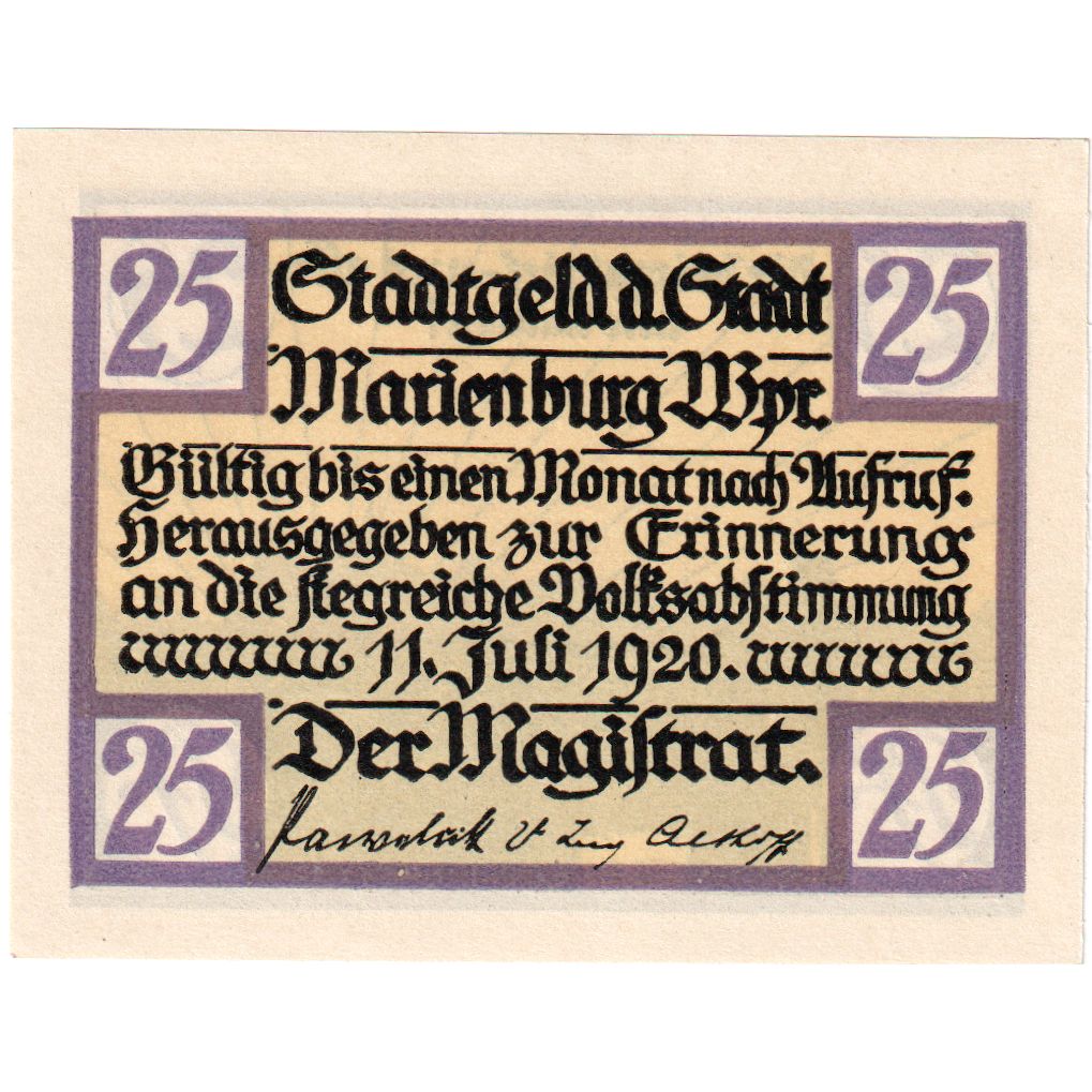 Germania, Marienburg Stadt, 25 Pfennig, 1920-07-11, SPL