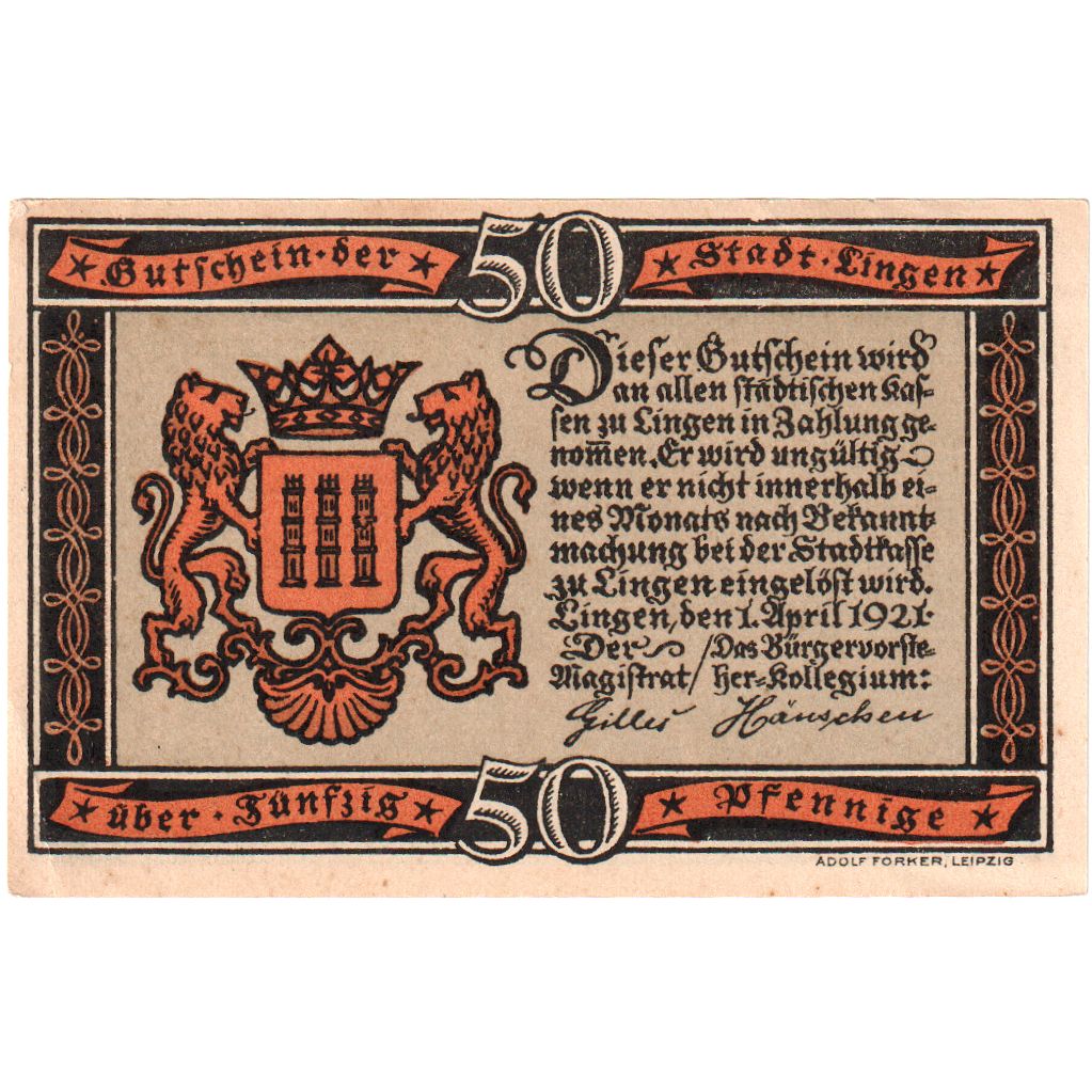 Germania, Lingen Stadt, 50 Pfennig, 1921-04-01, SPL