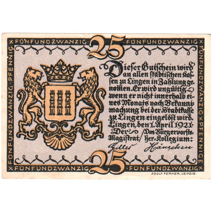 Germania, Lingen Stadt, 25 Pfennig, 1921-04-01, SPL