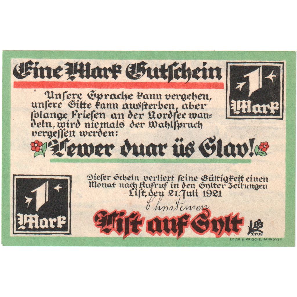 Germania, List/Sylt, 1 Mark, 1921-07-21, SPL