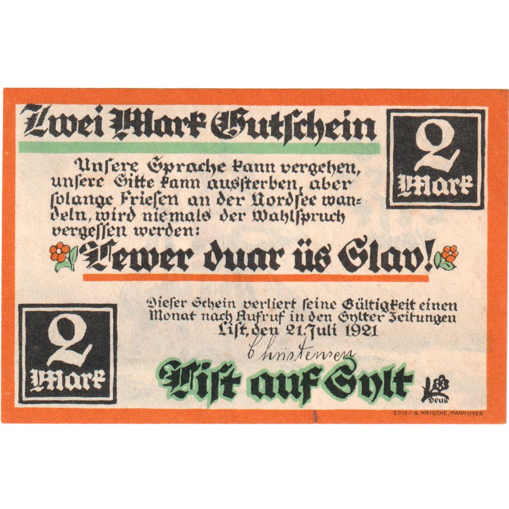 Germania, List/Sylt, 2 Mark, 1921-07-21, SPL