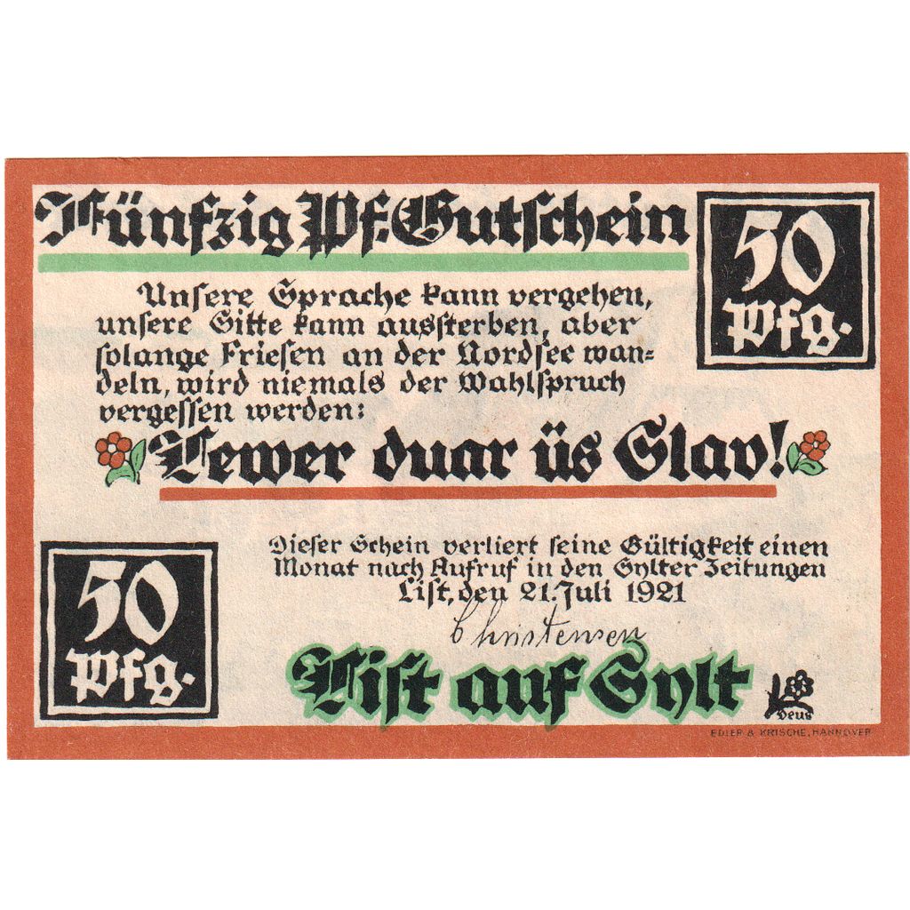 Germania, List/Sylt, 50 Pfennig, 1921-07-21, SPL