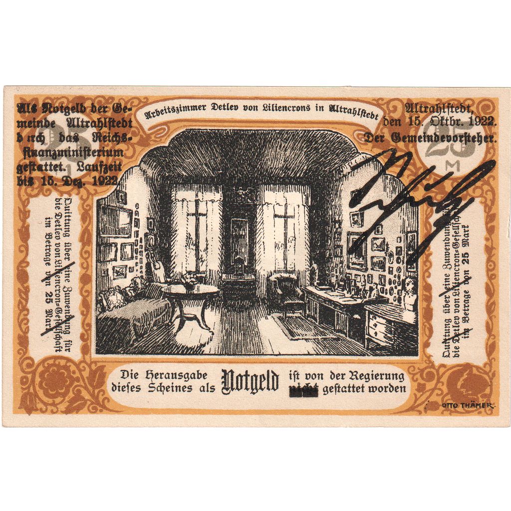 Deutschland, Altrahlstedt, 25 MARK, 1922-10-15, UNZ-