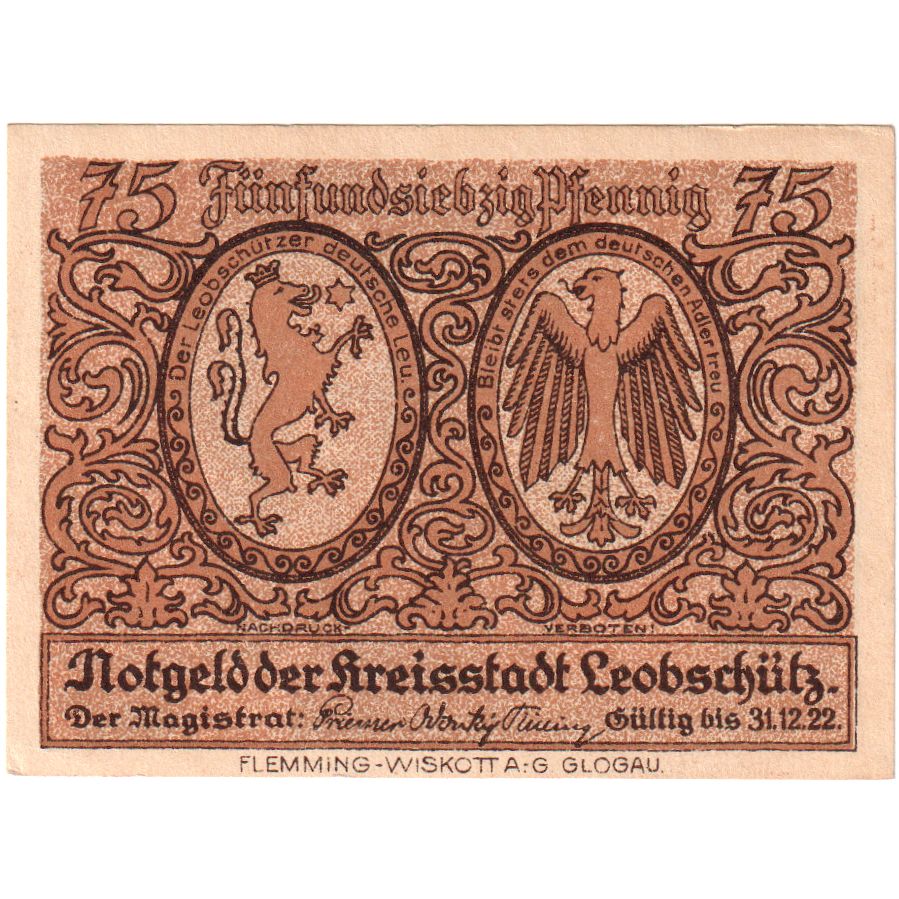 Deutschland, Leobschütz Stadt, 75 Pfennig, 1922-12-31, VZ+