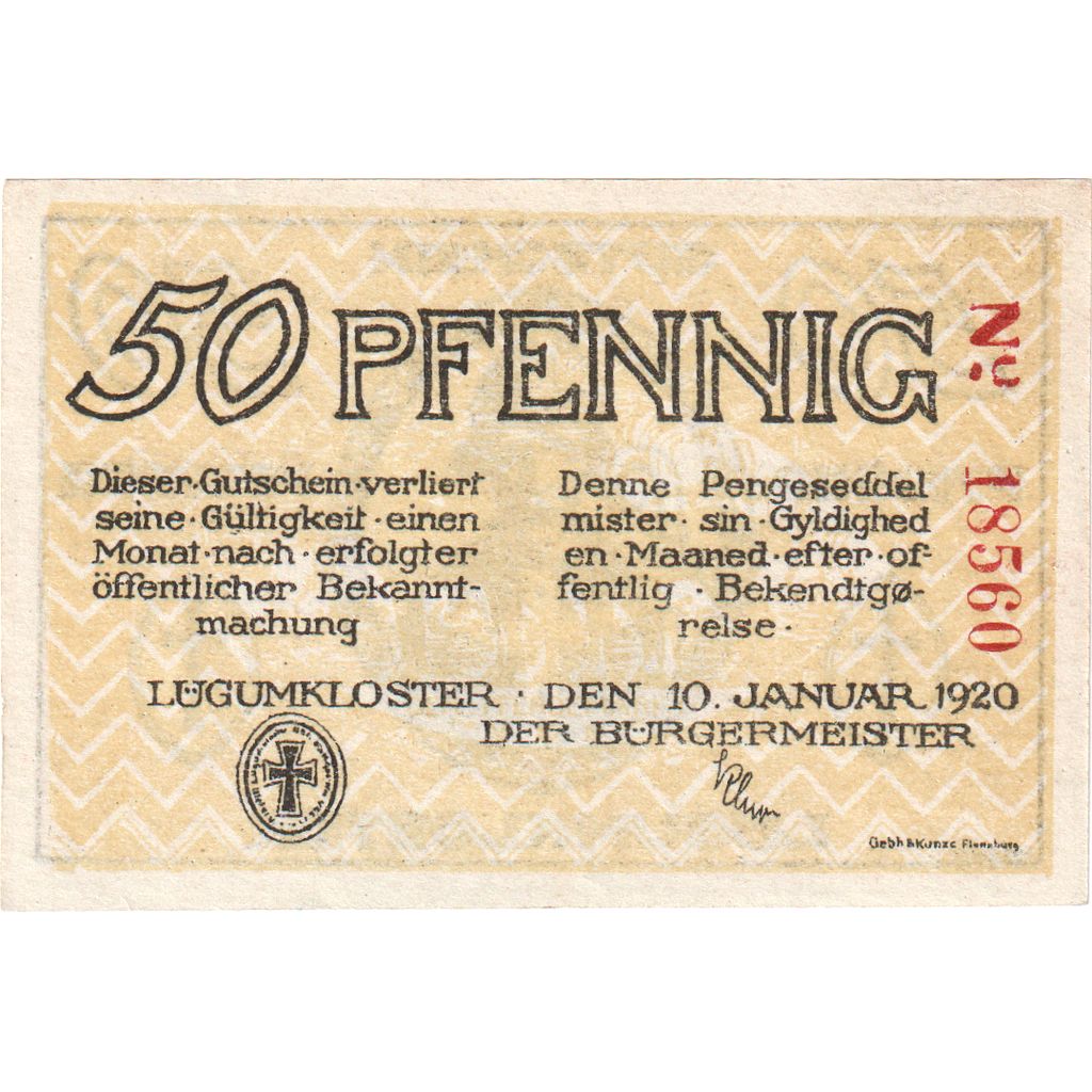 Deutschland, Lügumkloster Bürgermeister, 50 Pfennig, 1920-01-10, VZ+