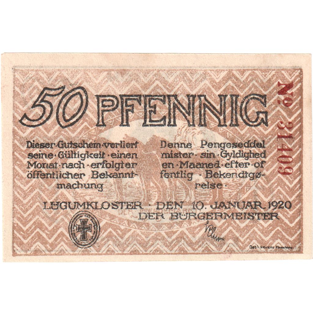Deutschland, Lügumkloster Bürgermeister, 50 Pfennig, 1920-01-10, VZ+