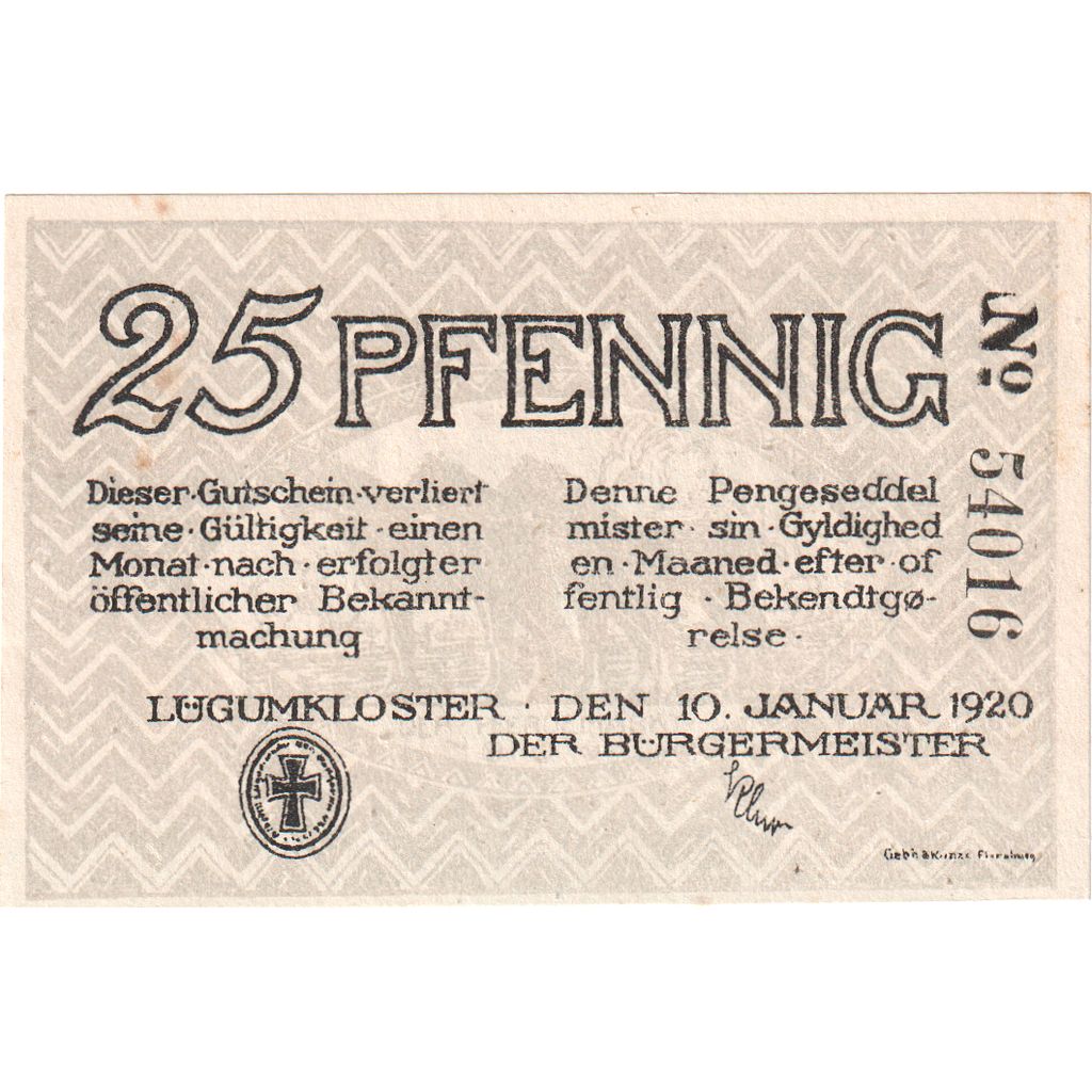 Alemania, Lügumkloster Bürgermeister, 25 Pfennig, 1920-01-10, EBC+