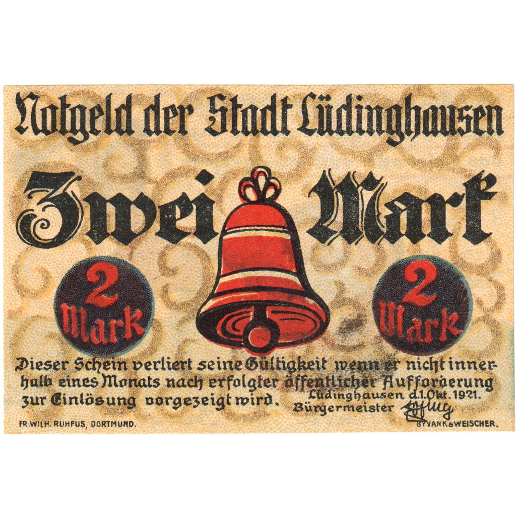 Alemania, Lüdinghausen Stadt, 2 Mark, 1921-10-01, EBC+
