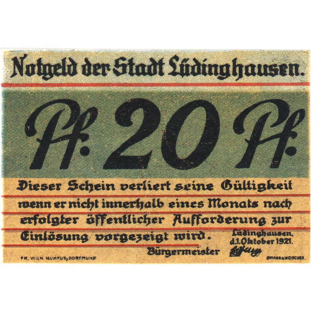 Alemania, Lüdinghausen Stadt, 20 Pfennig, 1921-10-01, EBC+