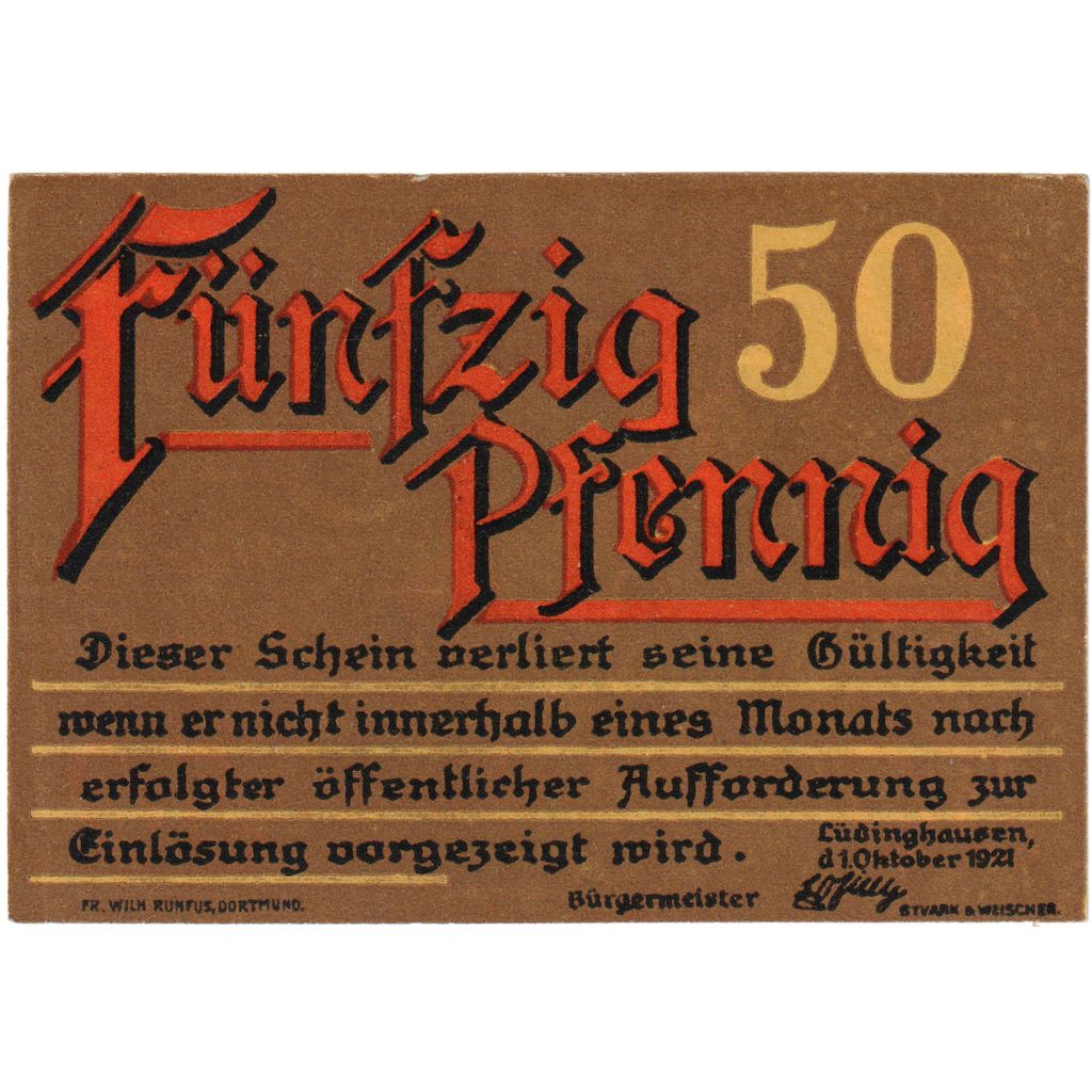 Alemania, Lüdinghausen Stadt, 50 Pfennig, 1921-10-01, EBC+
