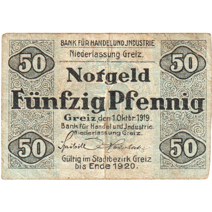Niemcy, Greiz, Bank für Handel und Industrie, 50 Pfennig, 1919-10-01, AU(55-58)