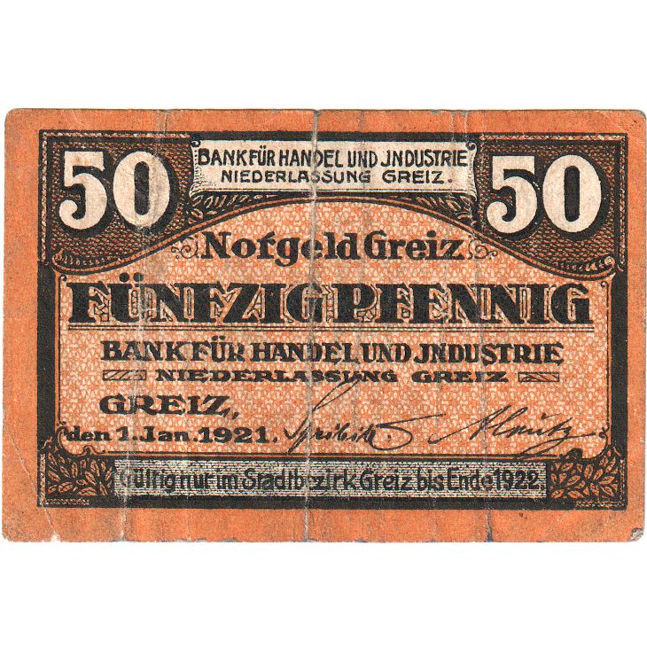 Niemcy, Greiz, Bank für Handel und Industrie, 50 Pfennig, 1919-10-01, AU(55-58)