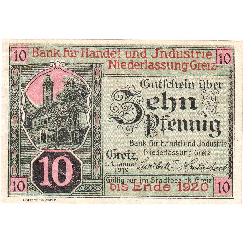 Deutschland, Greiz, Bank für Handel und Industrie, 10 Pfennig, 1919-10-01, VZ