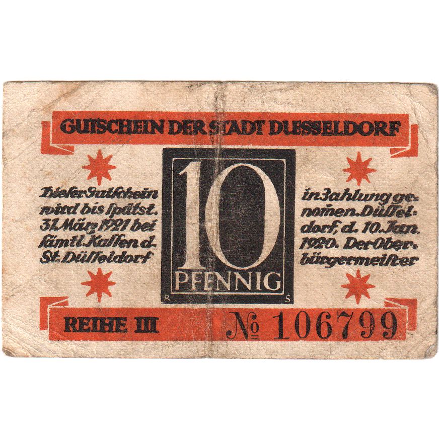 Alemania, Düsseldorf Stadt, 10 Pfennig, 1921-03-31, EBC