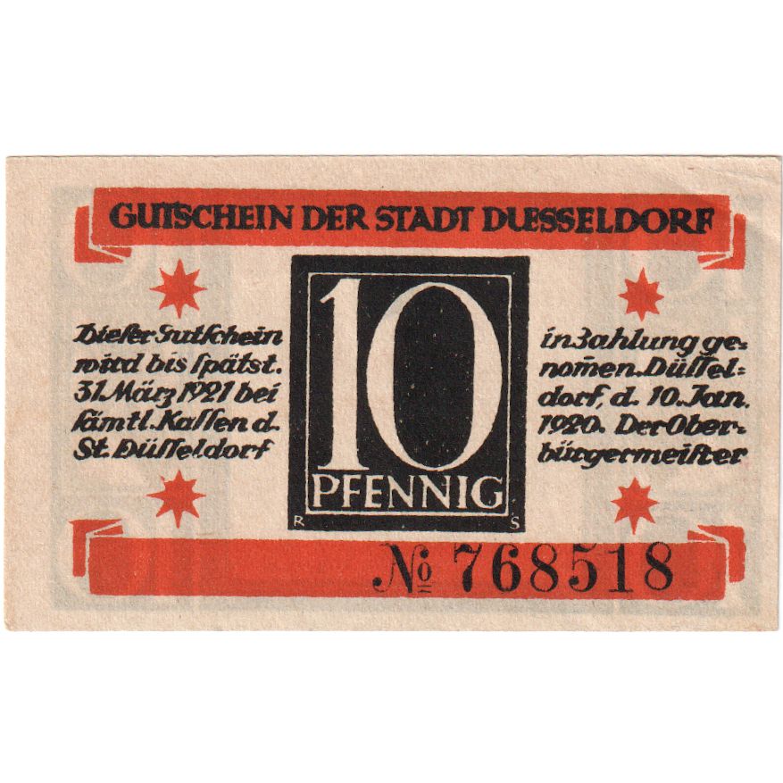 Alemania, Düsseldorf Stadt, 10 Pfennig, 1921-03-31, EBC