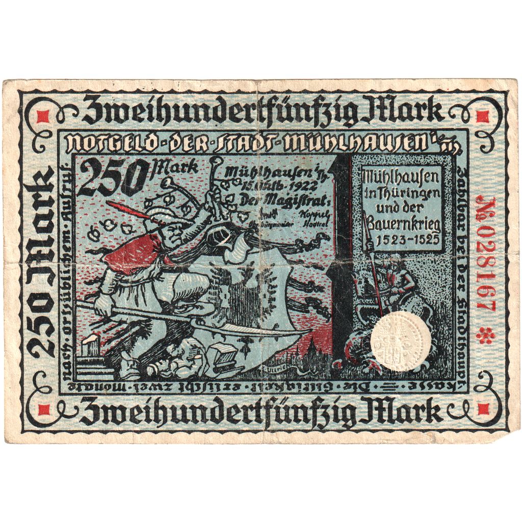 Alemania, Mühlhausen Stadt, 250 Millionen Mark, 1921-10-01, EBC