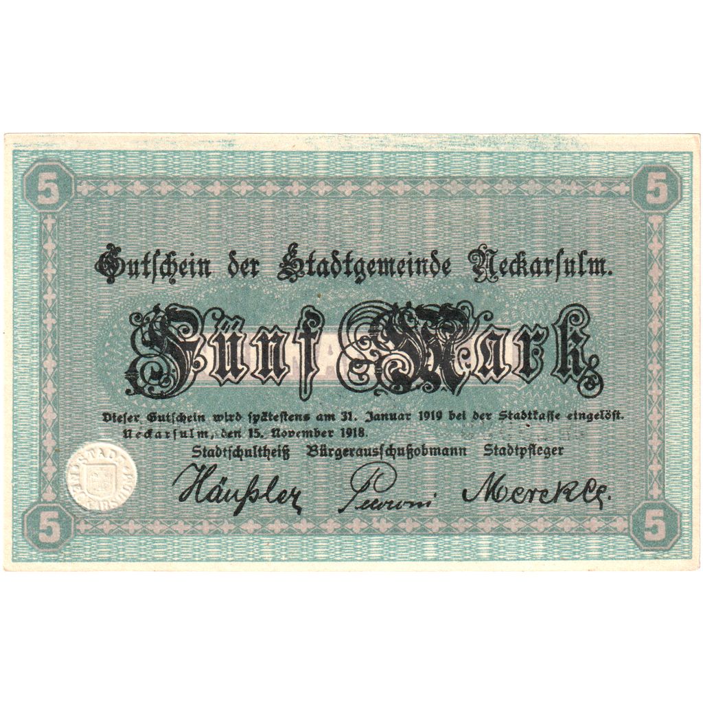 Alemania, Neckarsulm Württemburg Stadt, 5 Mark, 1919-01-31, EBC+