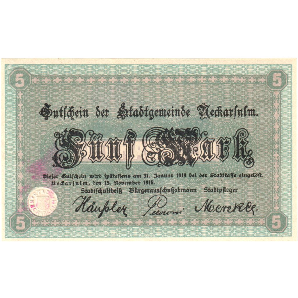 Alemania, Neckarsulm Württemburg Stadt, 5 Mark, 1919-01-31, EBC+
