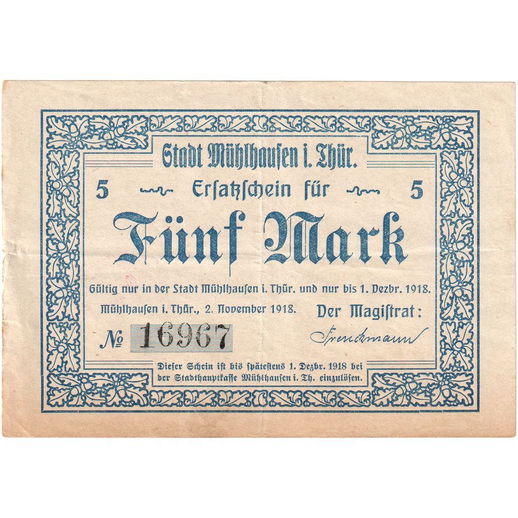 Alemania, Mühlhausen I. Thüringen Stadt, 5 Mark, 1919-12-01, SC+