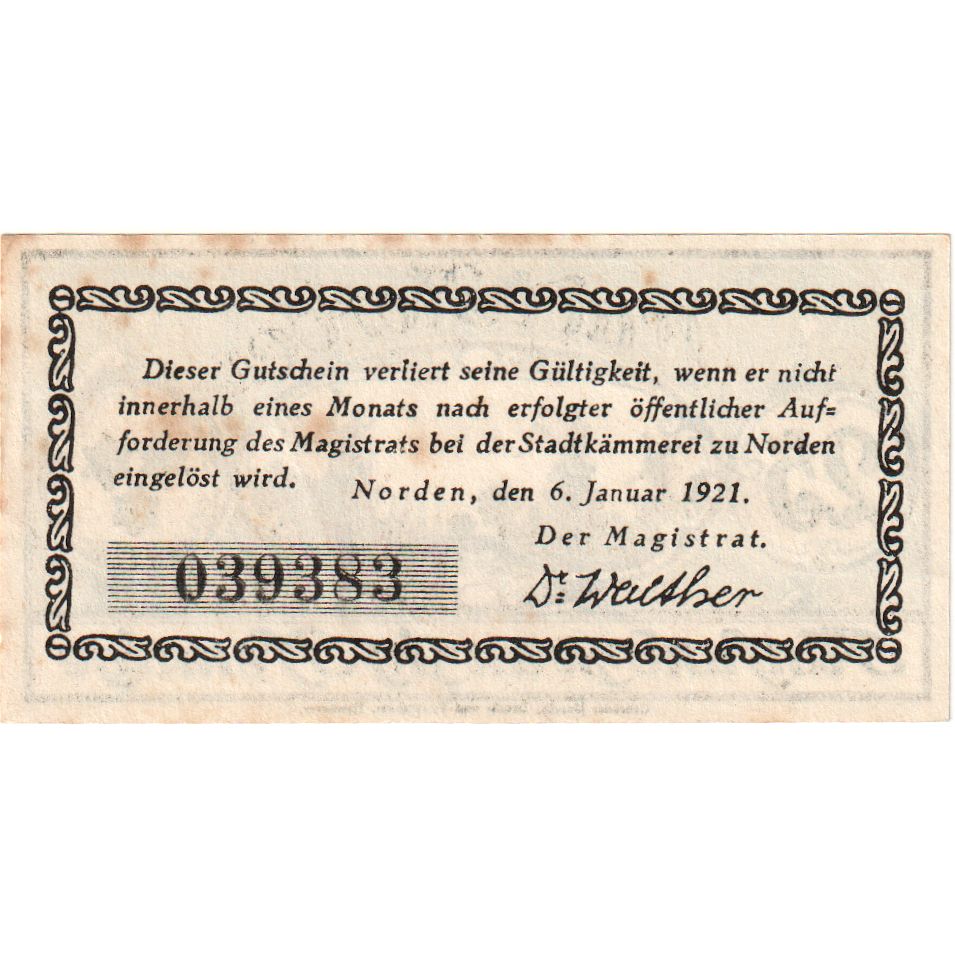 Geldschein, Deutschland, Norden Stadt, 25 Pfennig, Texte, 1921, 1921-01-06