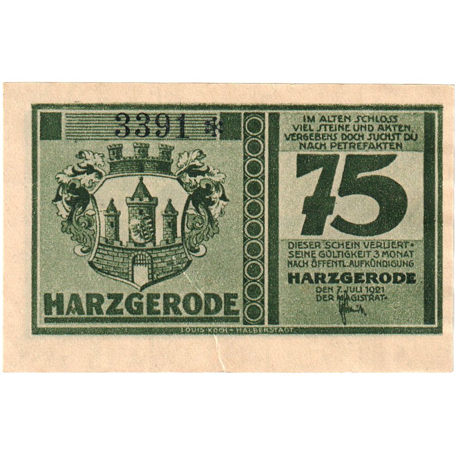 Deutschland, Harzgerode Stadt, 75 Pfennig, 1921-07-07, VZ+