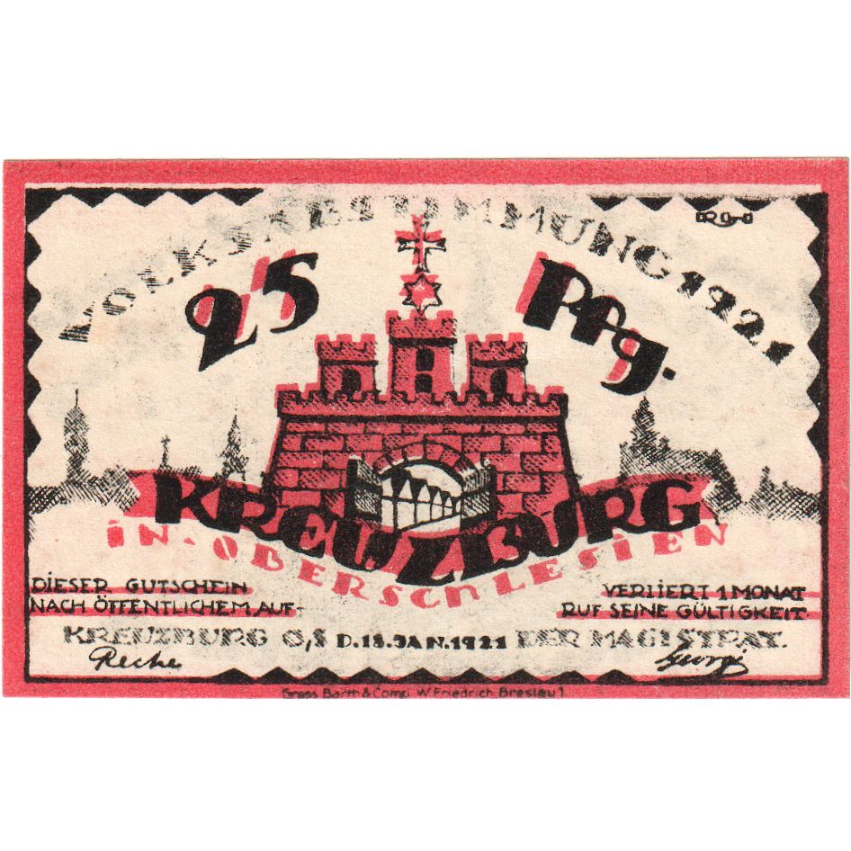 Alemania, Kreuzburg Stadt, 25 Pfennig, 1921-01-18, EBC+