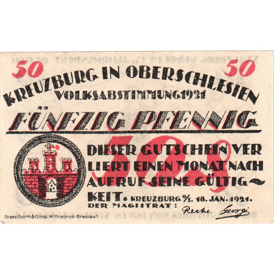 Germany, Kreuzburg Stadt, 50 Pfennig, 1921-01-18, UNC(60-62)