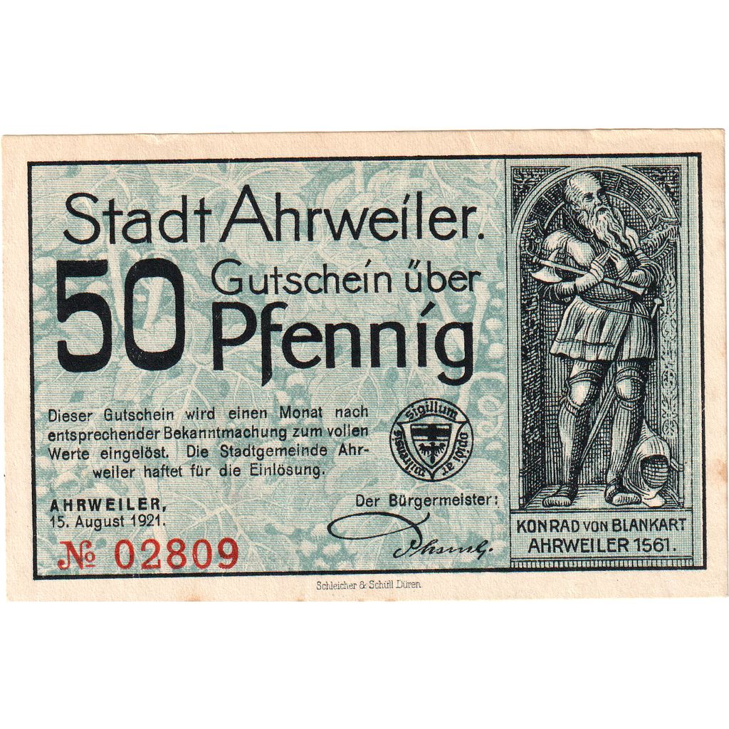 Alemania, Ahrweiler Stadt, 50 Pfennig, 1921-08-15, EBC+