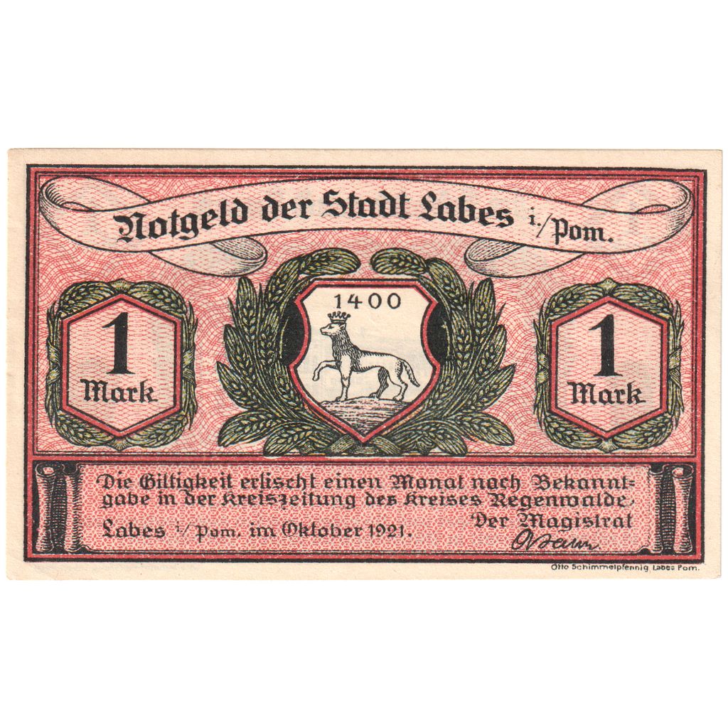 Alemania, Labes Stadt, 1 Mark, 1921-10-01, EBC+