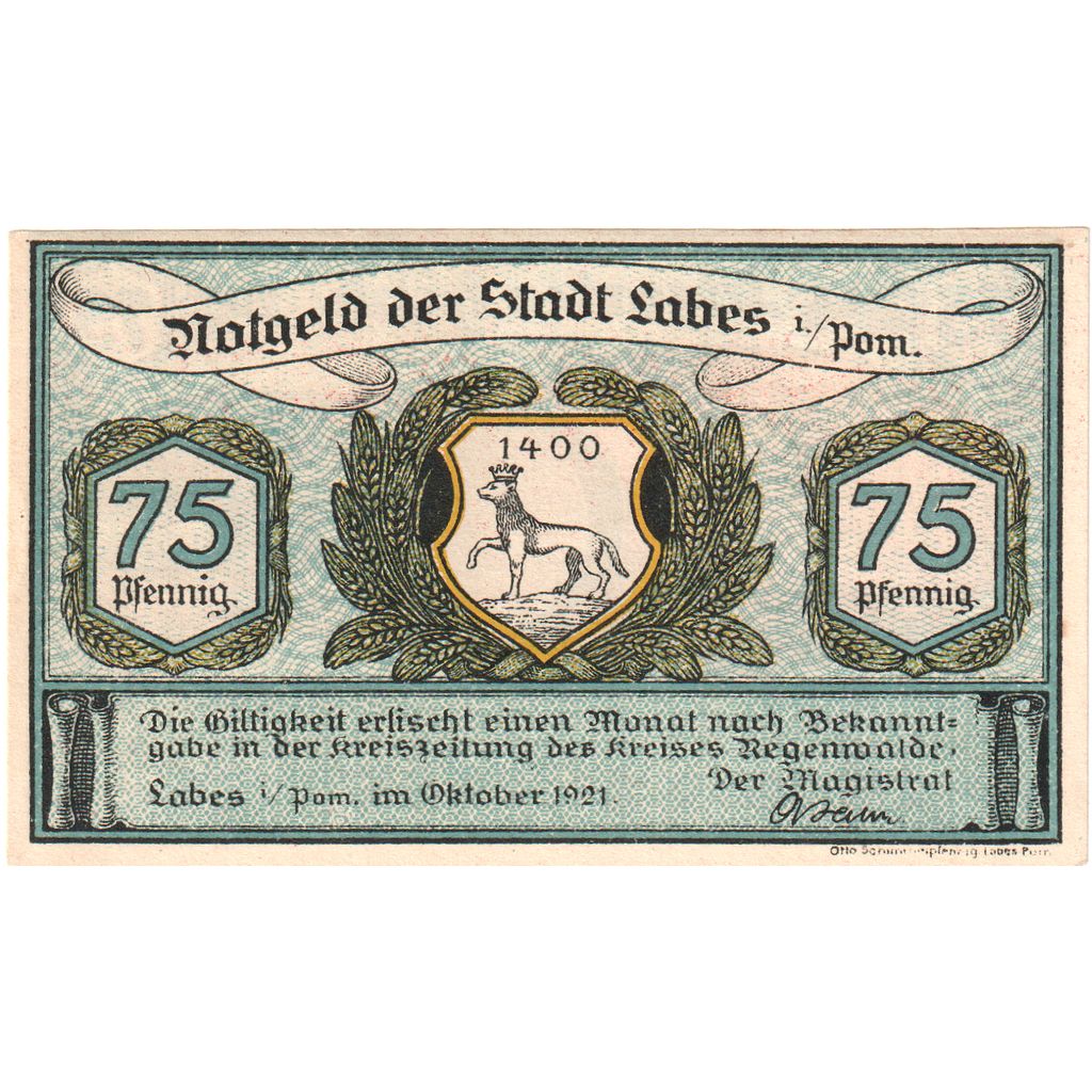 Alemania, Labes Stadt, 75 Pfennig, 1921-10-01, EBC+