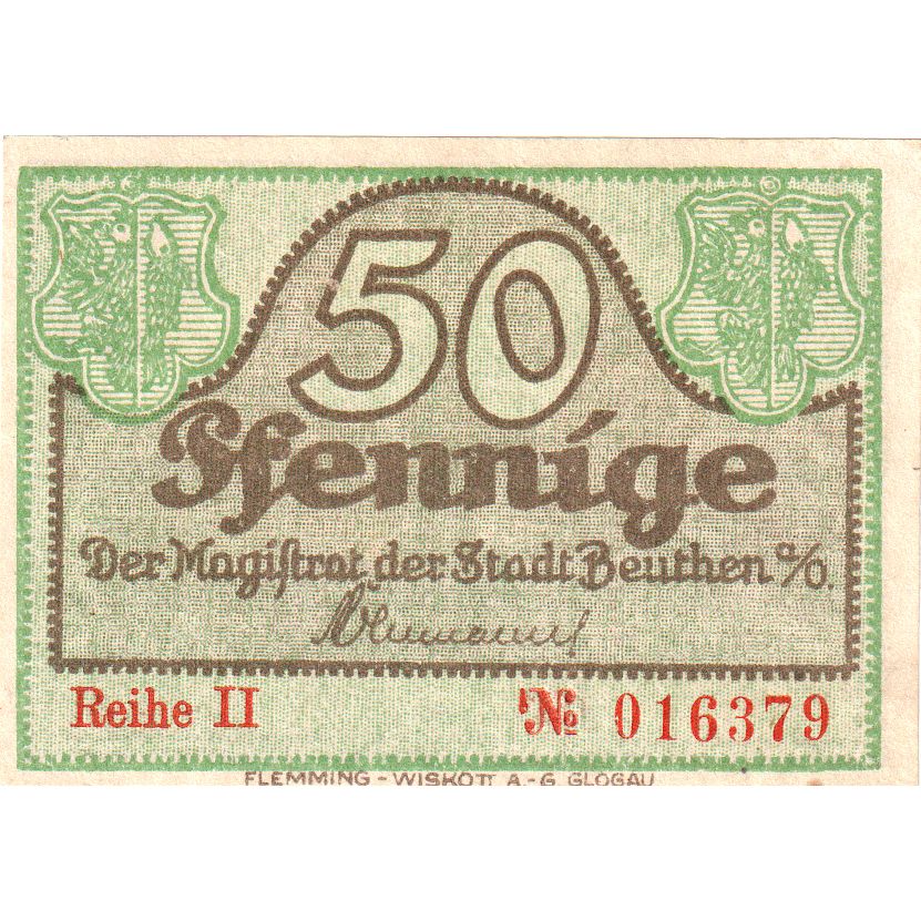 Alemania, Beuthen a. Oder Stadt, 50 Pfennig, 1921-12-31, EBC+