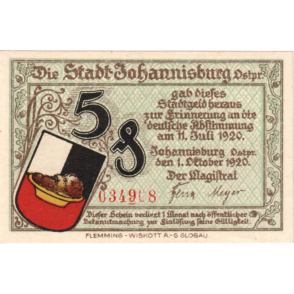 Alemania, Johannisburg Stadt, 5 Pfennig, 1921-10-01, EBC+