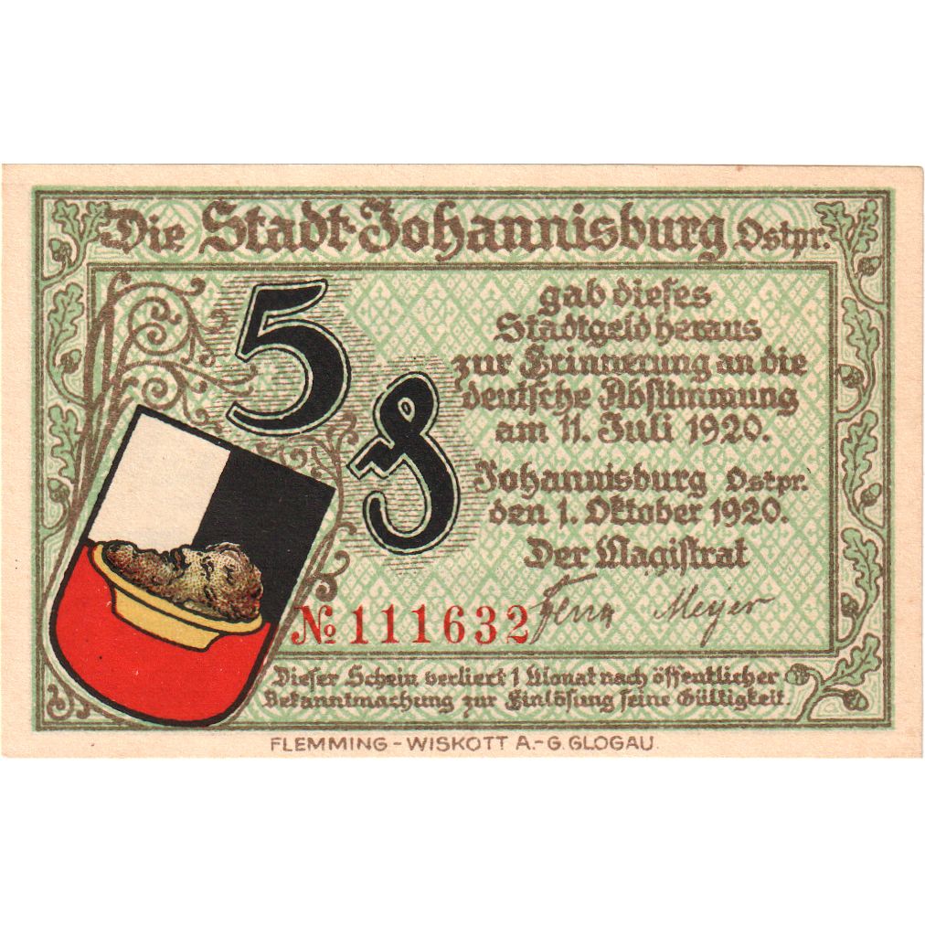 Alemania, Johannisburg Stadt, 5 Pfennig, 1921-10-01, EBC+
