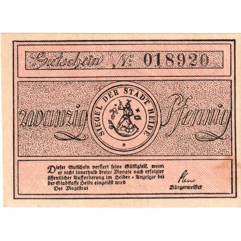 Alemania, Heide Stadt, 20 Pfennig, EBC+