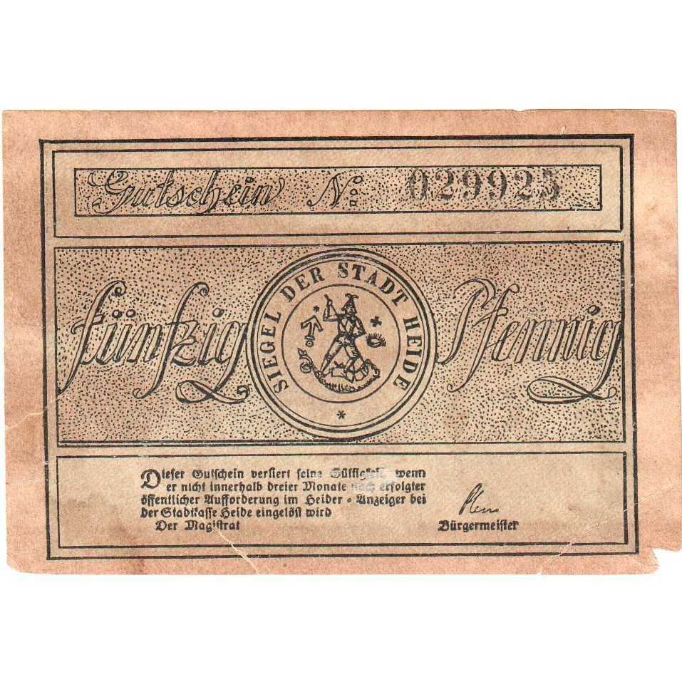 Alemania, Heide Stadt, 50 Pfennig, EBC+