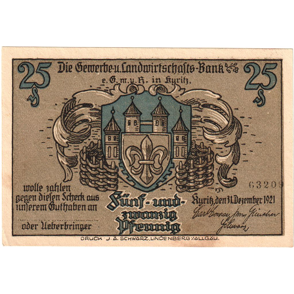 Deutschland, Kyritz Gewerbe und Landwirtschaftsbank e.G.m.u.H., 25 Pfennig