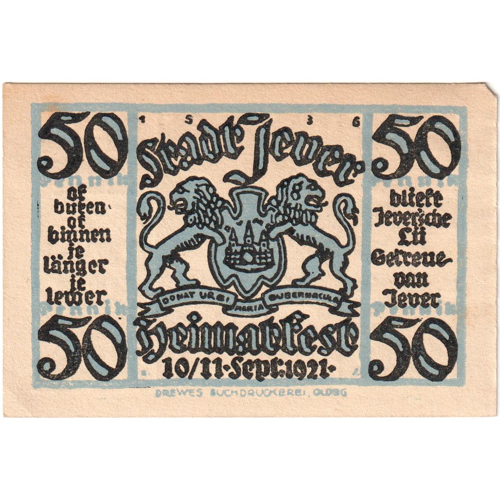 Alemania, Jever Sparkasse der Stadt, 50 Pfennig, 1921-09-11, EBC+