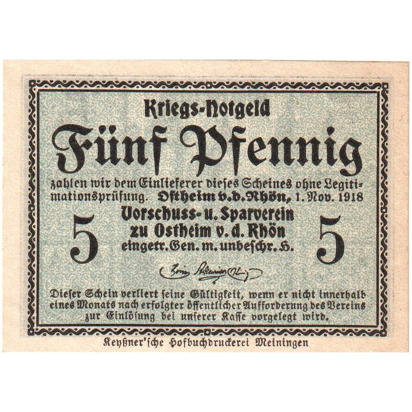 Alemania, Ostheim v.d.Rhön, Vorschuss- u. Sparverein, 5 Pfennig, 1918-11-01