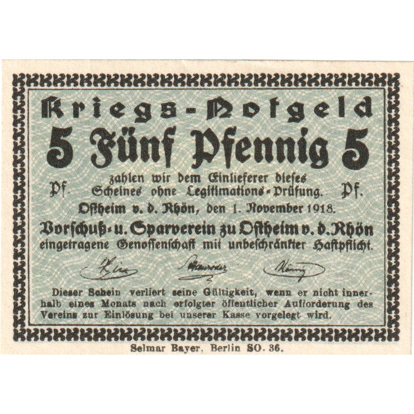Alemania, Ostheim v.d.Rhön, Vorschuss- u. Sparverein, 5 Pfennig, 1918-11-01