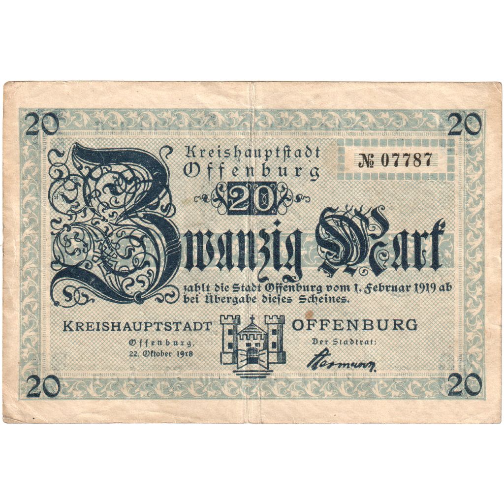 Alemania, Offenburg Stadt, 20 Mark, 1919-02-01, EBC+