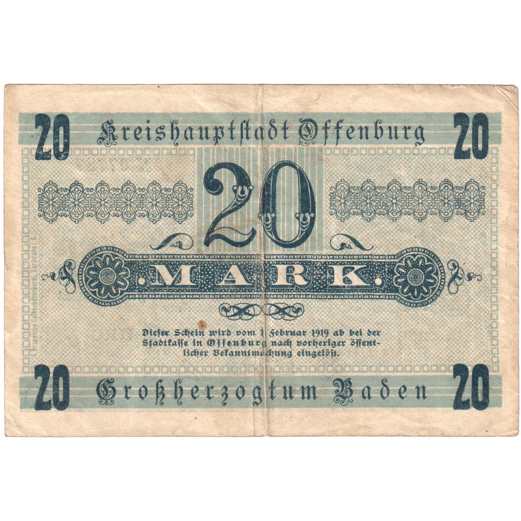 Alemania, Offenburg Stadt, 20 Mark, 1919-02-01, EBC+
