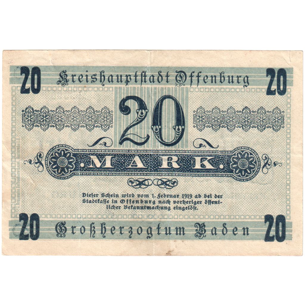 Alemania, Offenburg Stadt, 20 Mark, 1919-02-01, EBC+